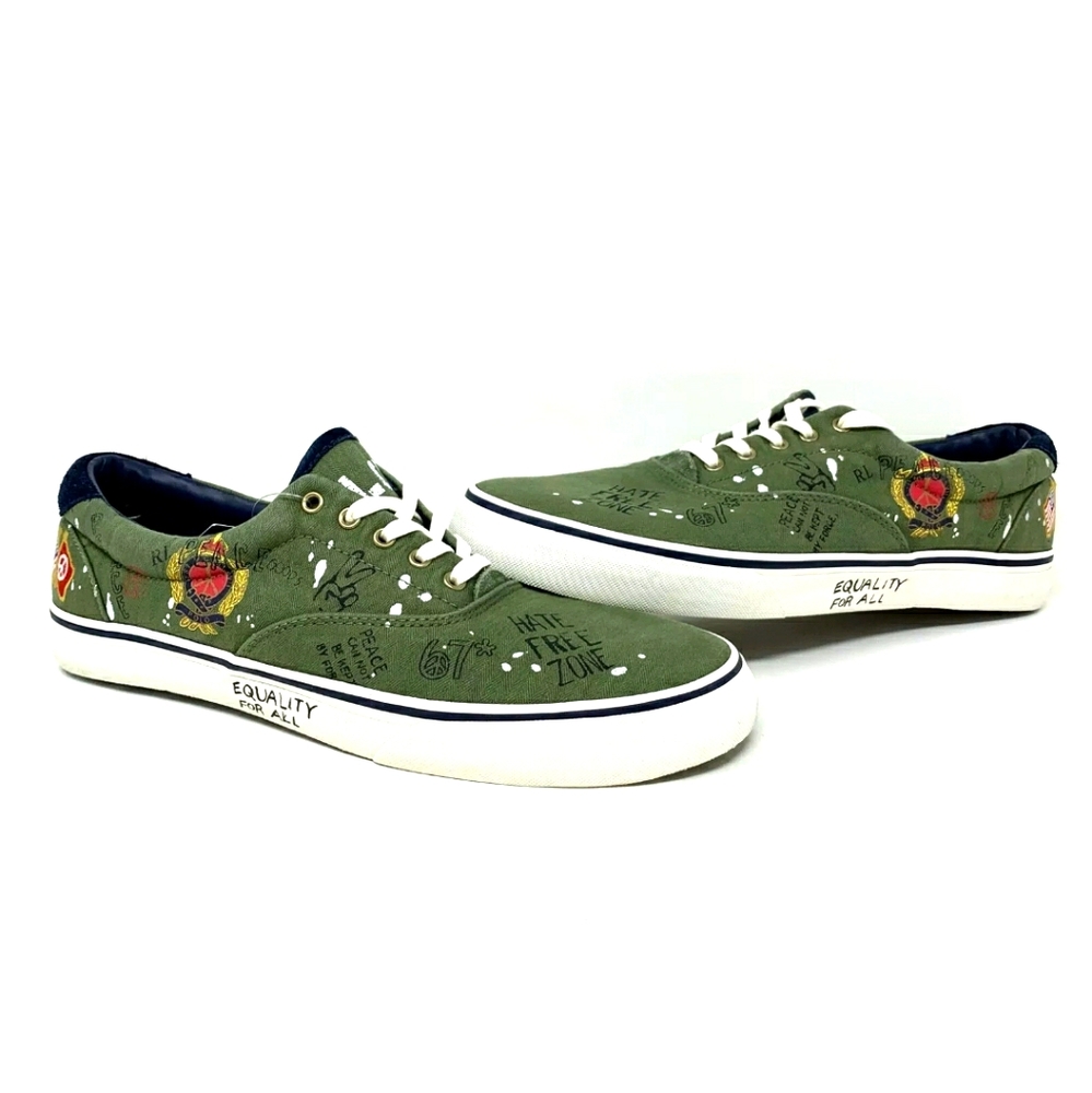 Polo Ralph Lauren Thornton Graffiti Canvas Sneakers Men Size 10 Green New